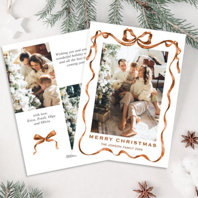 Funky Merry Christmas Boho Bow Ribbon 3 Photo Holiday Card (Creator Uploaded)