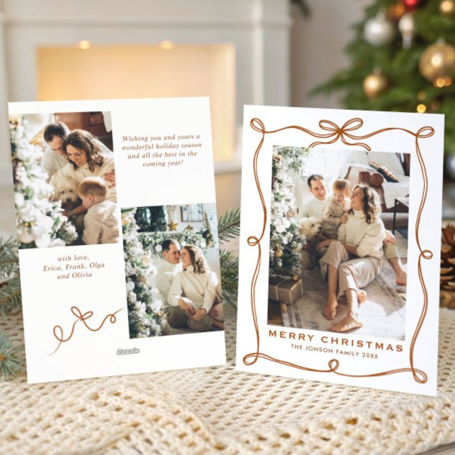 Funky Merry Christmas Boho Bow Ribbon 3 Photo Holiday Card (Creator Uploaded)