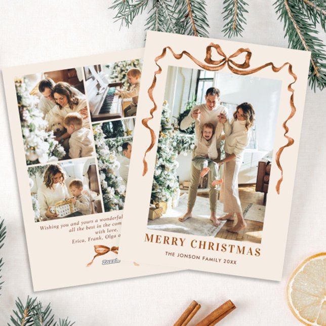 Funky Merry Christmas Boho Bow Ribbon 5 Photo Holiday Card (Creator Uploaded)