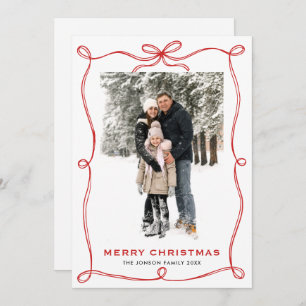 Funky Merry Christmas Boho Red Bow Ribbon 2 Photo Holiday Card