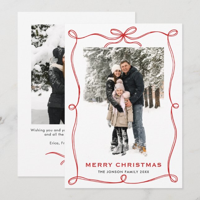 Funky Merry Christmas Boho Red Bow Ribbon 2 Photo Holiday Card (Front/Back)