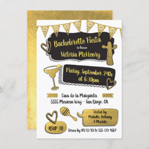Funky Mexican Fiesta Gold Foil Bachelorette Party Invitation