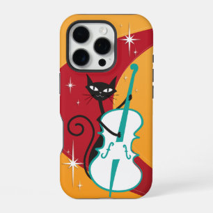 Funky Mid Century Modern Cat Playing stand up bass iPhone 16 Pro Case