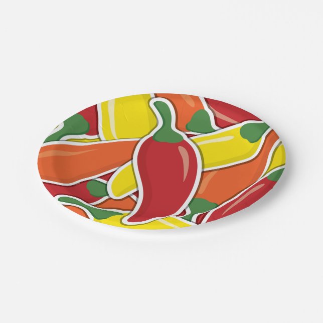 Funky mixed chilli peppers paper plates (Angled)