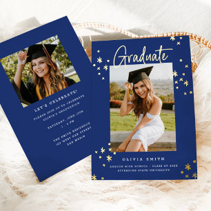 Funky Modern Blue Gold Graduation Announcement