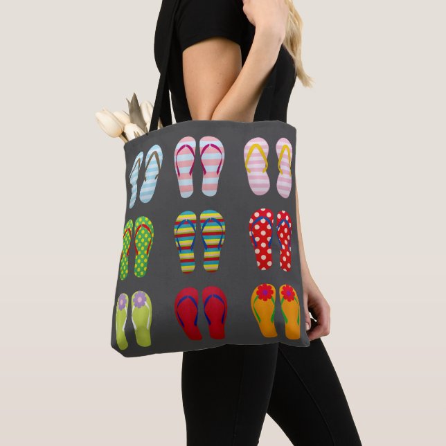 Funky modern fashion flip flops colorful sandals tote bag (Close Up)