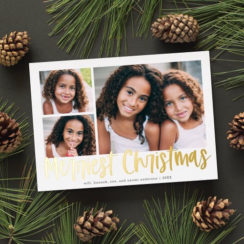 Funky Modern Merriest Christmas Script 3 Photo Foil Holiday Card