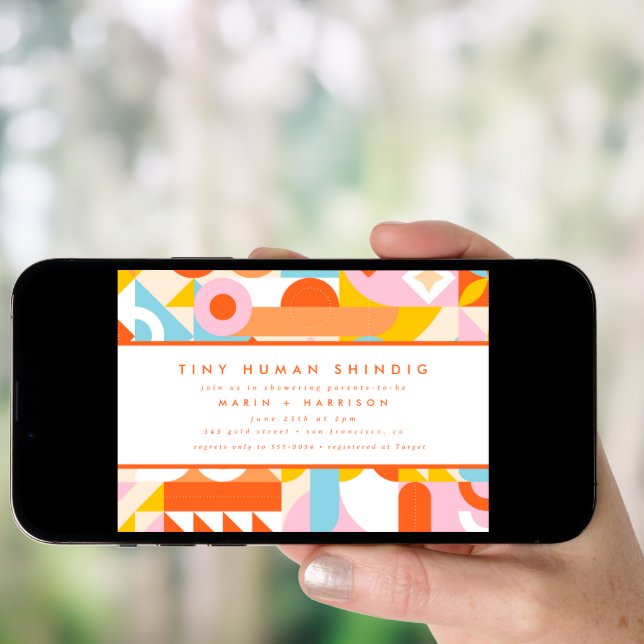 Funky Modern Orange Tiny Human Shindig Baby Shower Invitation (Front Digital)