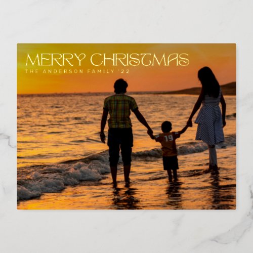FUNKY MODERN TEXT  Merry Christmas Gold Photo Foil Holiday Postcard