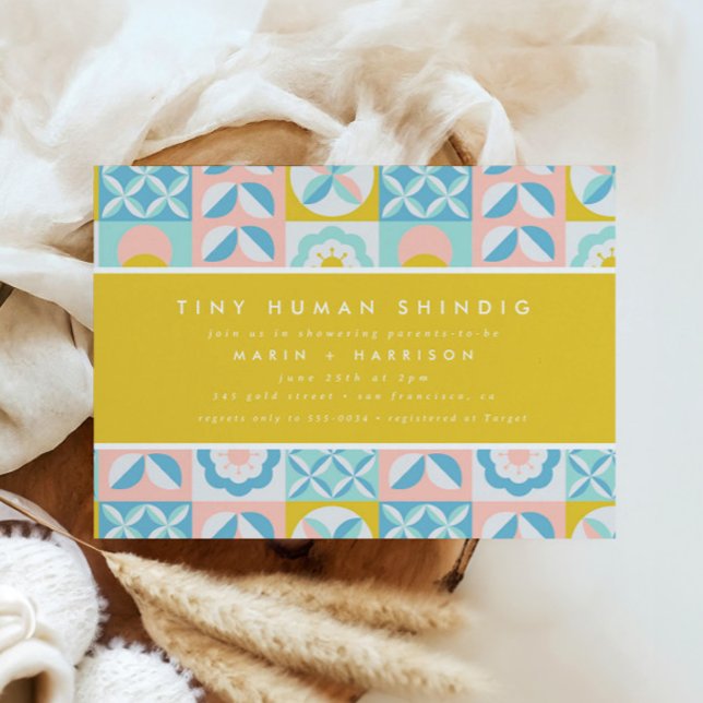 Funky Modern Yellow Tiny Human Shindig Baby Shower Invitation (Creator Uploaded)