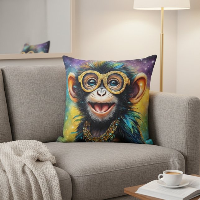 Funky Monkey with Gold Glasses Throw Pillow (Creator Uploaded)