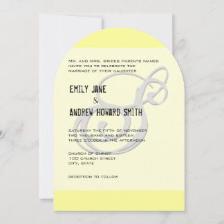 Funky Monogram Elegant Yellow Gray Silver Metallic Invitation