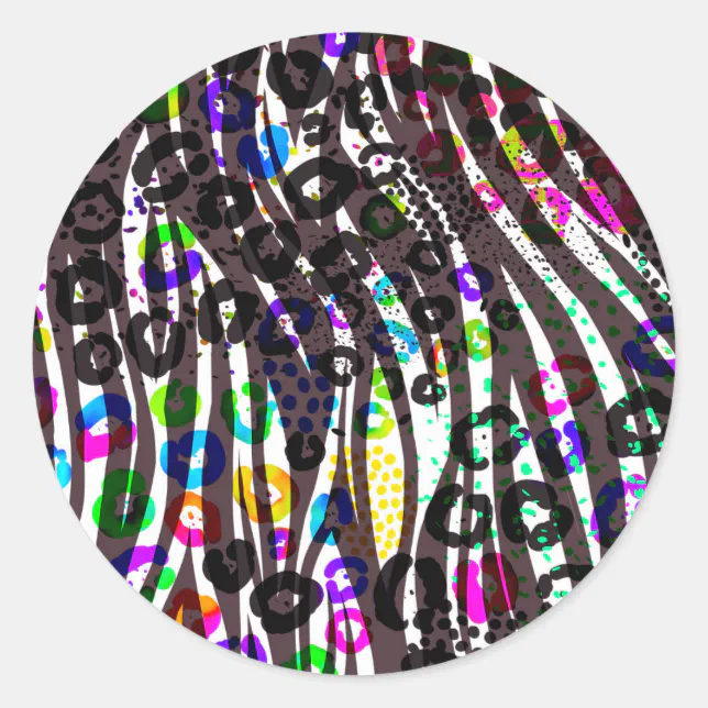 Funky Multi Animal Print Pattern Bright Colors Classic Round Sticker ...