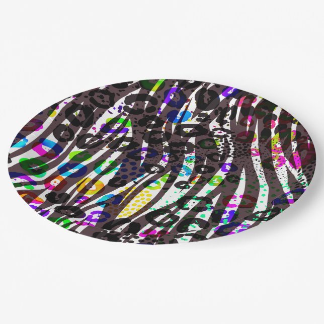 Funky Multi Animal Print Pattern Bright Colors Paper Plates (Angled)