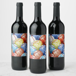 Funky Multi Colored Baseballs Wine Label