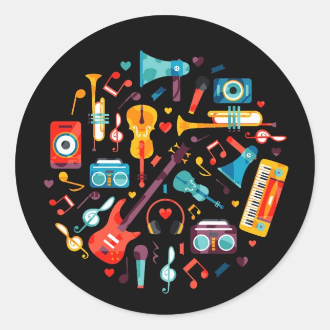 Funky Music colorful musical instruments Classic Round Sticker (Front)