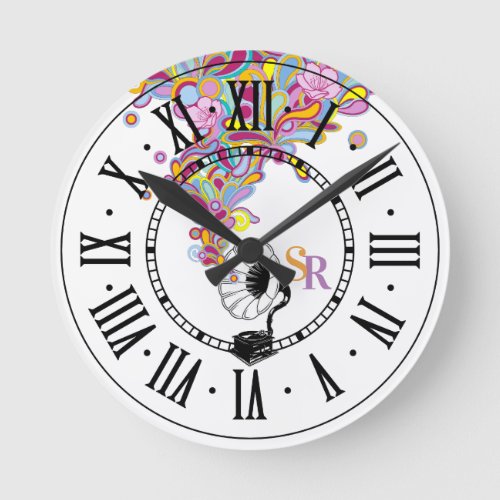 Funky Music Gramophone  Retro Round Clock