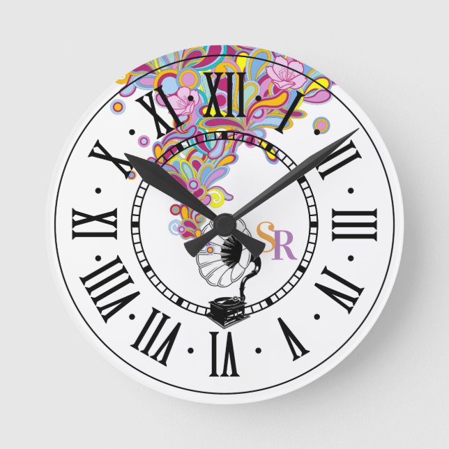 Funky Music Gramophone | Retro Round Clock (Front)