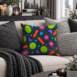 Funky Neon Abstract Shapes Black Accent Pillow
