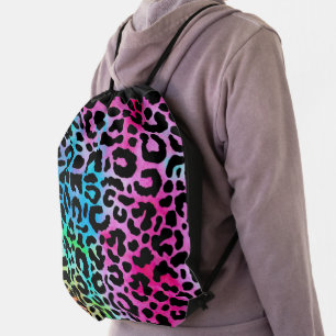 Funky Neon Colorful Leopard Print Drawstring Bag