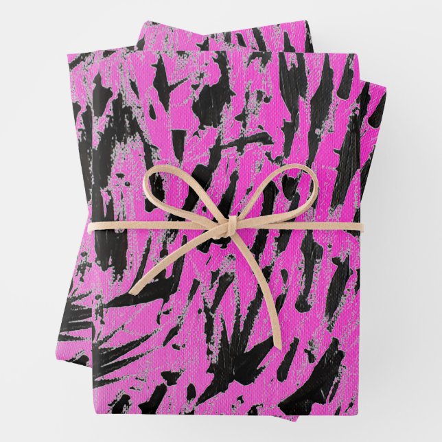 Funky Neon Pink and Black Print Wrapping Paper Sheets (In situ)