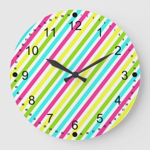 Funky Neon Pink Blue Green Yellow Stripes Large Clock