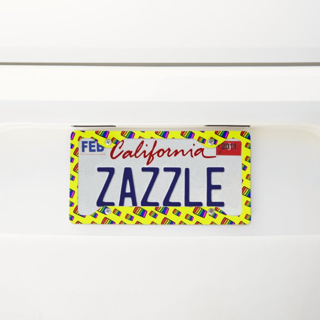 Funky Neon Rainbow Block Pattern License Plate Frame (On Car)