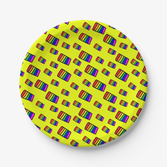Funky Neon Rainbow Block Pattern Paper Plates (Front)
