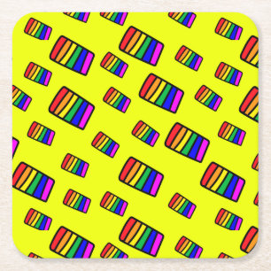 Funky Neon Rainbow Block Pattern Square Paper Coaster