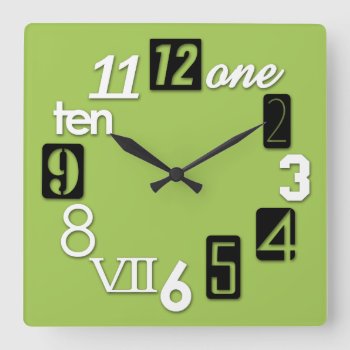 Funky Numbra Square Lime Green Wall Clocks by eatlovepray at Zazzle