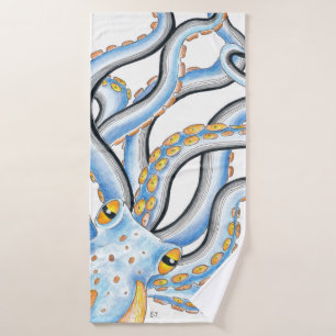Funky Octopus Ink Blue Orange Bath Towel Set