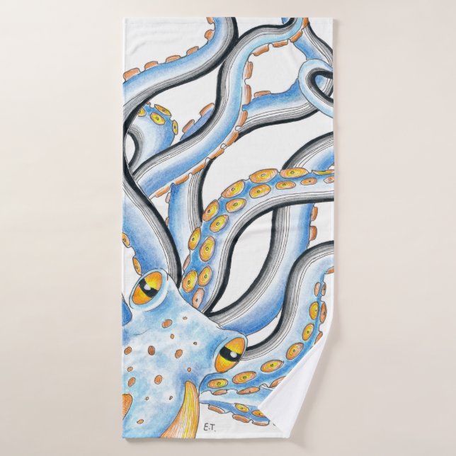 Funky Octopus Ink Blue Orange Bath Towel Set (Bath Towel)