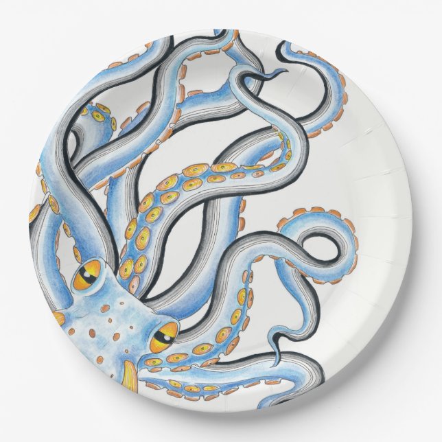 Funky Octopus Ink Blue Orange Paper Plates (Front)
