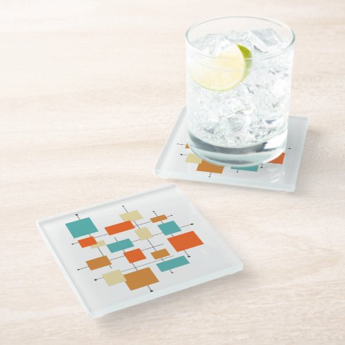 Funky Orange and Blue Squares Retro Mid Mod Glass Coaster