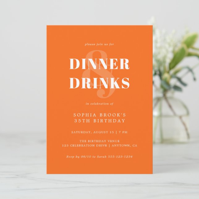 Funky Orange Bold Typography Birthday Dinner Invitation (Standing Front)