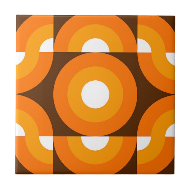 Funky Orange Brown Retro Circles Art Pattern Ceramic Tile (Front)