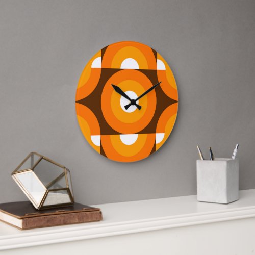 Funky Orange Brown Retro Circles Art Pattern Large Clock