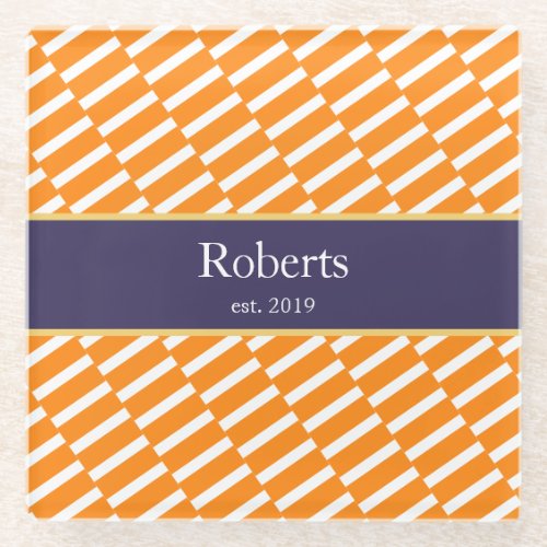 Funky Orange Pattern Family Name and Year Modern Glass Coaster