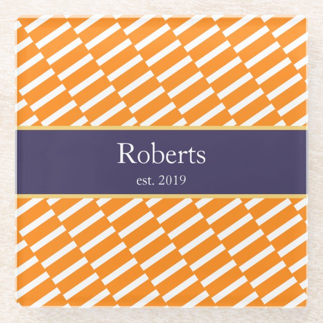 Funky Orange Pattern Family Name and Year Modern Glass Coaster (Front)