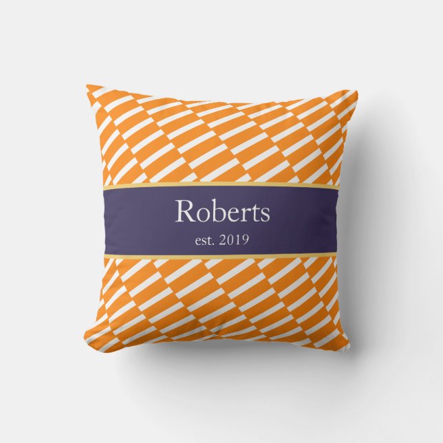 Funky Orange Pattern Family Name and Year Modern Throw Pillow (Front)