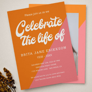 Funky Orange Pink Retro Celebration of Life Photo Invitation