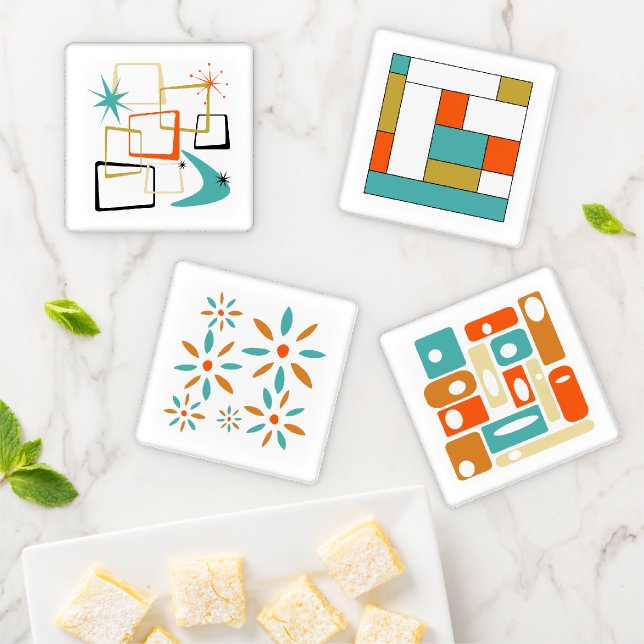 Funky Orange Turquoise Geometric Mid Century Coaster Set (In Situ)