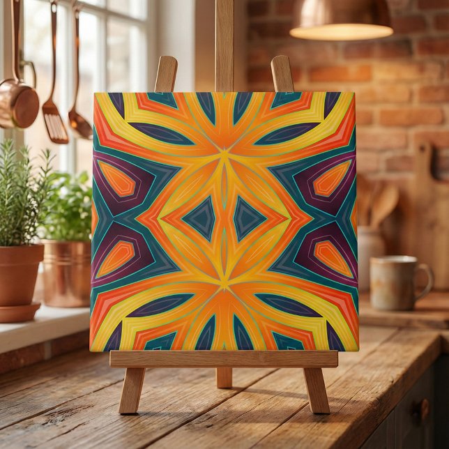 Funky Orange Yellow Teal Geometric Kaleidoscope Ceramic Tile (Creator Uploaded)