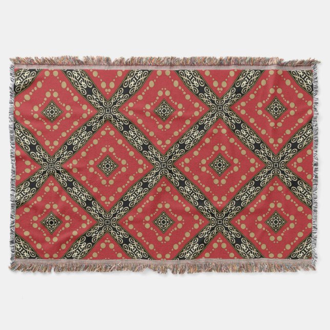 Funky Ornate Black Gold+Red Woven Throw Blanket (Front)