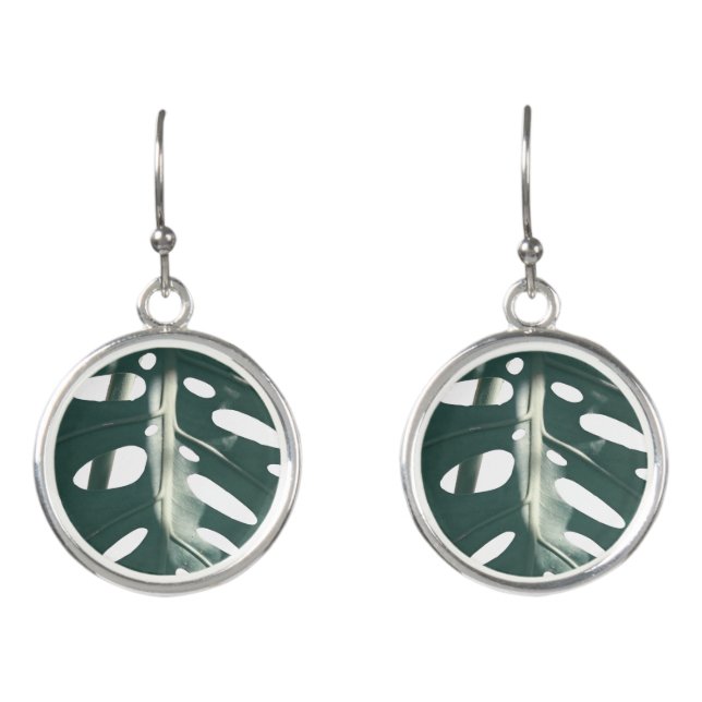 Funky Pale Green Swiss Cheese Plant Earrings (Front)
