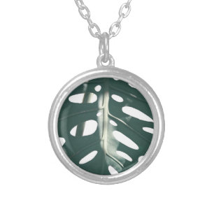 Funky Pale Green Swiss Cheese Plant Silver Plated Necklace