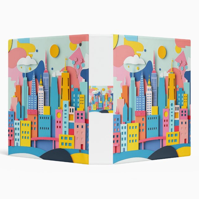 Funky Paper Collage Cityscape 3 Ring Binder (Background)