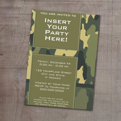 Funky Party _ Dark Green Military Camouflage Invitation