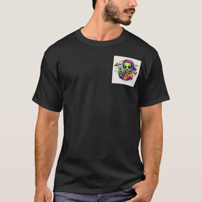 Funky Peace Alien: Animated Sticker Graphic T-Shirt (Front)