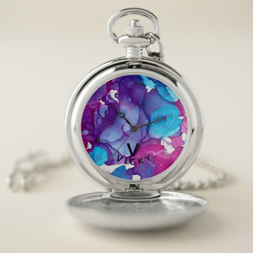 Funky personalized heart abstract marbled ink  wat pocket watch